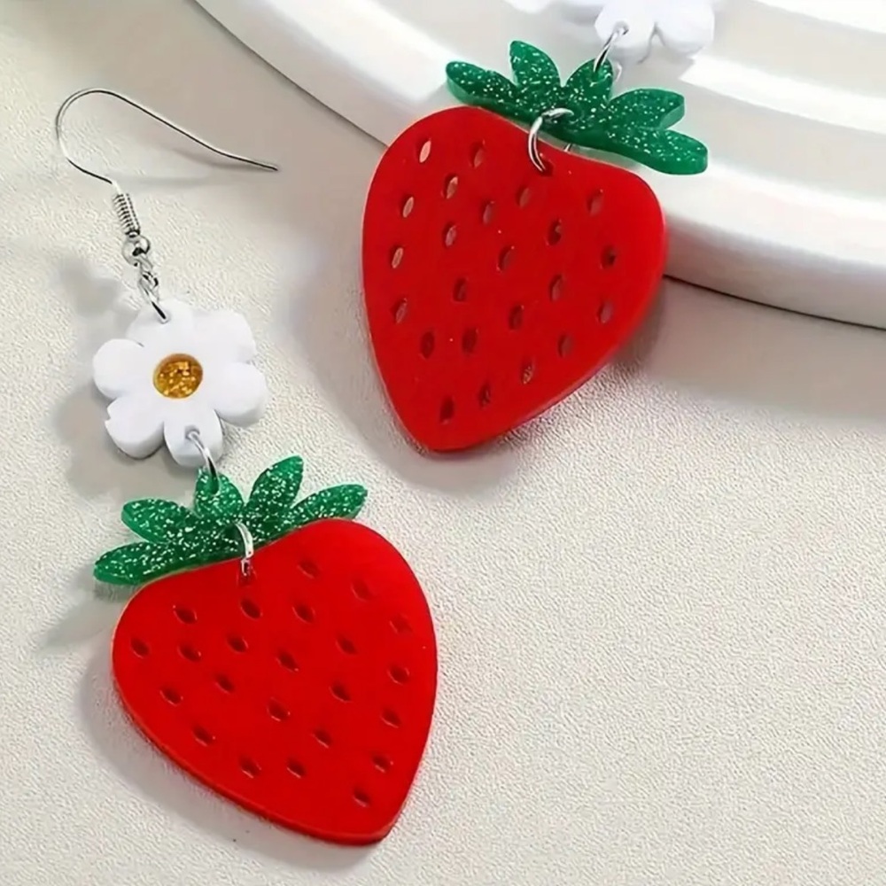 Cutesy Strawberry Dangle Earrings Red and Green with Daisies